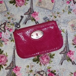 Fossil Fuchsia Snake Skin Embossed Leather ID Case